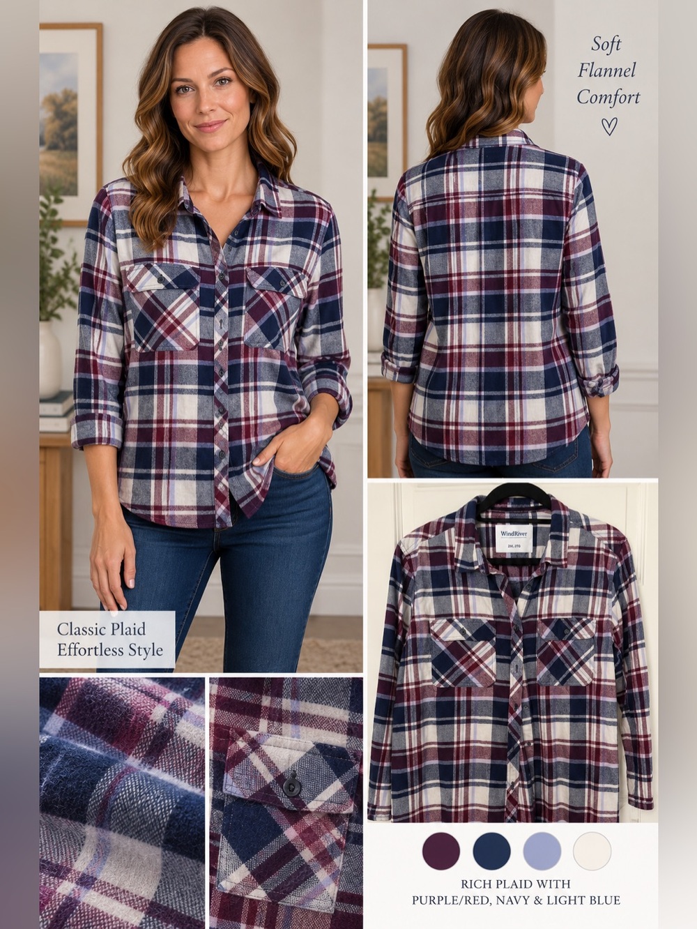 WindRiver Women’s Plaid Flannel Button-Down Shirt – Navy & Cranberry